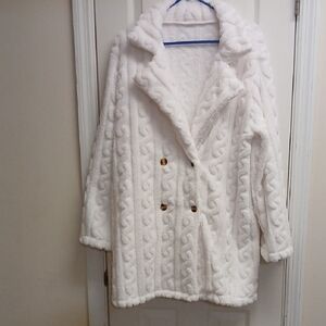 Fuzzy Faux Double Breasted Sherpa Feel Knee Length Sweater/Jacket Beige XL NWOT